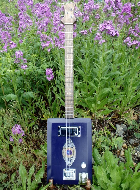 Purple Cigar Box Guitar from Wires and Wood in front of some purple flowers.